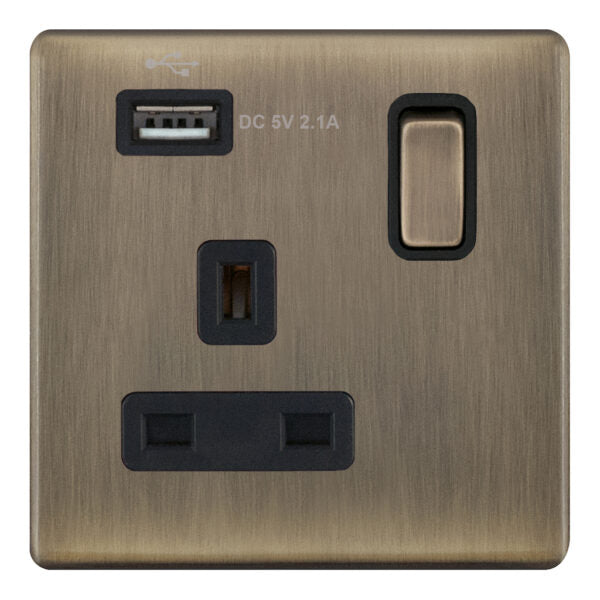 Selectric 5MPLUS-660 Antique Brass 1 Gang 13A Switched Socket with USB Outlet and Black Insert