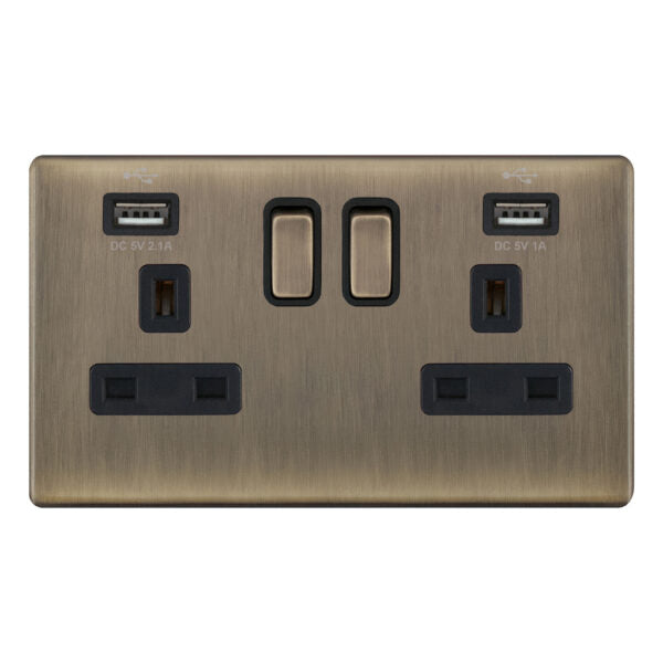 Selectric 5MPLUS-661 Antique Brass 2 Gang 13A Switched Socket with USB Outlets and Black Insert