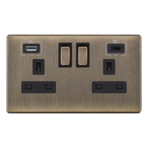 Selectric 5MPLUS-663 Antique Brass 2 Gang 13A Switched Socket with USB C and A Outlets - Black Insert