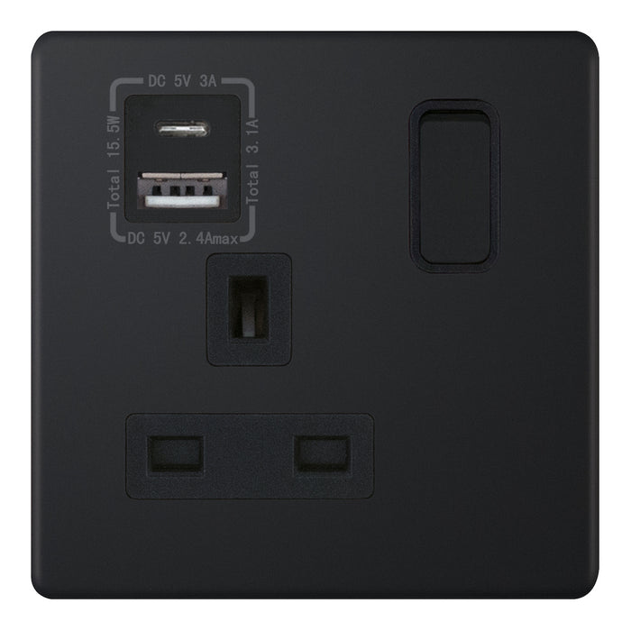 Selectric 5M-Plus Matt Black 1 Gang 13 Amp Socket with 1 x USB Type C & 1 x USB Type A Port 3.1A