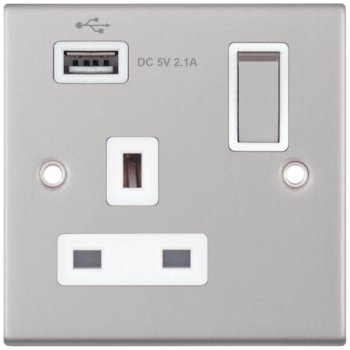 Selectric 5M Satin Chrome 1 Gang 13A Switched Socket with USB Outlet and White Insert