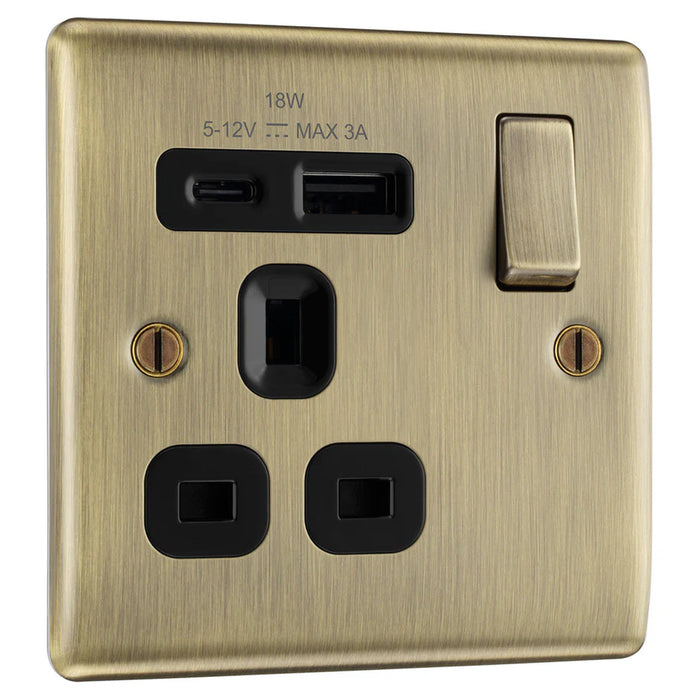 BG Nexus NAB21UAC18B Antique Brass 13A 1G Socket with Black Insert and 2 x USB -18W