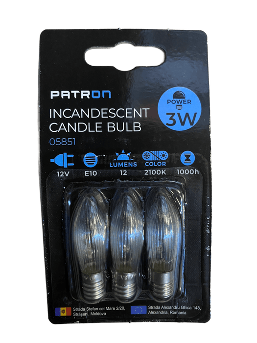 Patron - 05851 Incandescent Candle Bulb 3W E10 C6 12V Clear