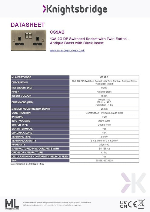 Knightsbridge CS9AB 13A 2G DP Switched Socket Square Edge Antique Brass