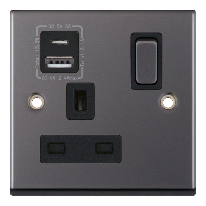 Selectric 7MPRO-488 7M-Pro Black Nickel 1 Gang 13A Switched Socket with USB C and A Outlets - Black Insert