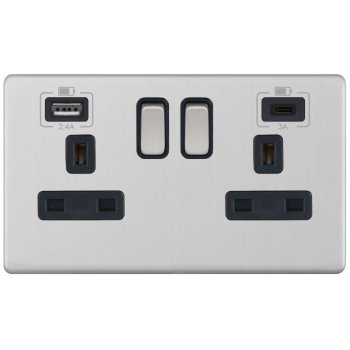 Selectric 5M-Plus Satin Chrome 2 Gang 13A Switched Socket with USB C and A Outlets - Black Insert