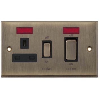 Selectric 7M-Pro Antique Brass 45A DP Switch and 13A Switched Socket with Neon and Black Insert