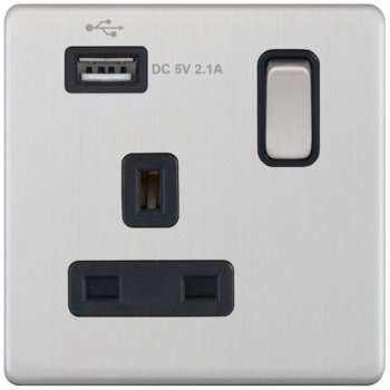 Selectric 5M-Plus Satin Chrome 1 Gang 13A Switched Socket with USB Outlet and Black Insert
