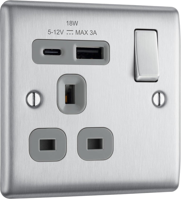 BG Nexus NBS21UAC18G Brushed Steel Single Socket with 2 USB Ports A-C