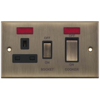 Selectric 5M Antique Brass 45A DP Switch and 13A Switched Socket with Neon and Black Insert