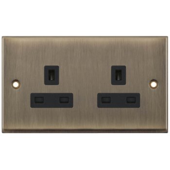 Selectric 7M-Pro Antique Brass 2 Gang 13A Unswitched Socket with Black Insert