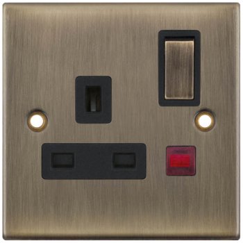 Selectric 5M Antique Brass 1 Gang 13A DP Switched Socket with Neon and Black Insert