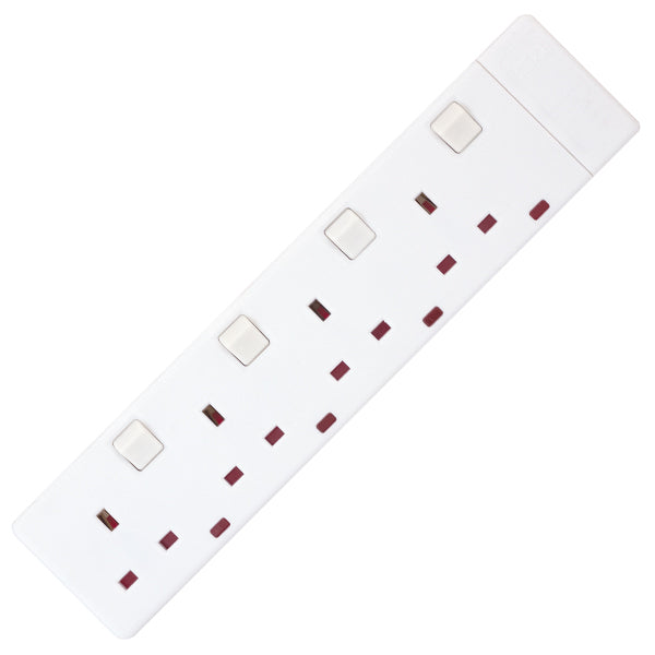 4 Gang 13 Amp Square Edged Trailing Socket with Neons - Individually Switched - White