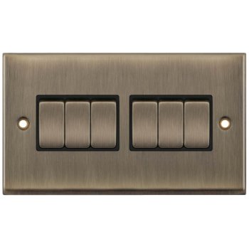 Selectric 7M-Pro Antique Brass 6 Gang 10A 2 Way Switch with Black Insert