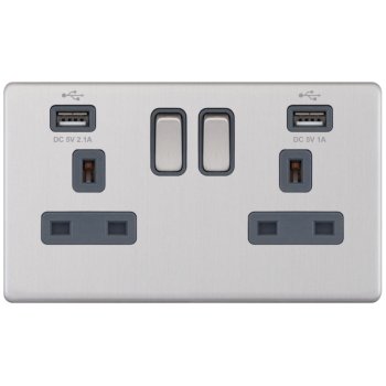Selectric 5M-Plus Screwless Satin Chrome 2 Gang 13A Switched Socket with USB Outlet and Grey Insert
