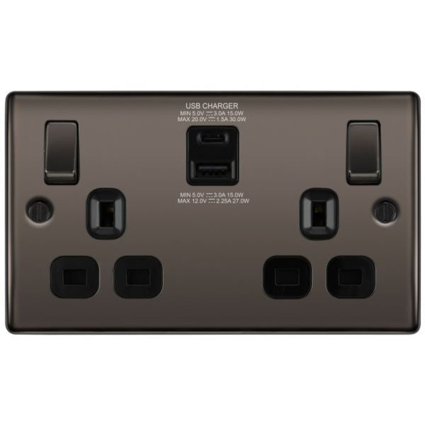 BG Nexus NBN22UAC30B Black Nickel 13A Switched USB Socket with Type A & Type C 4.2A - DISCONTINUED
