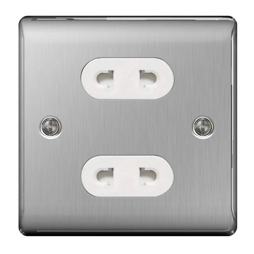 BG Nexus NBS98W Brushed Steel 16A 2 Gang EURO Socket - DISCONTINUED BG Nexus Metal - Brushed Steel BG - Sparks Warehouse