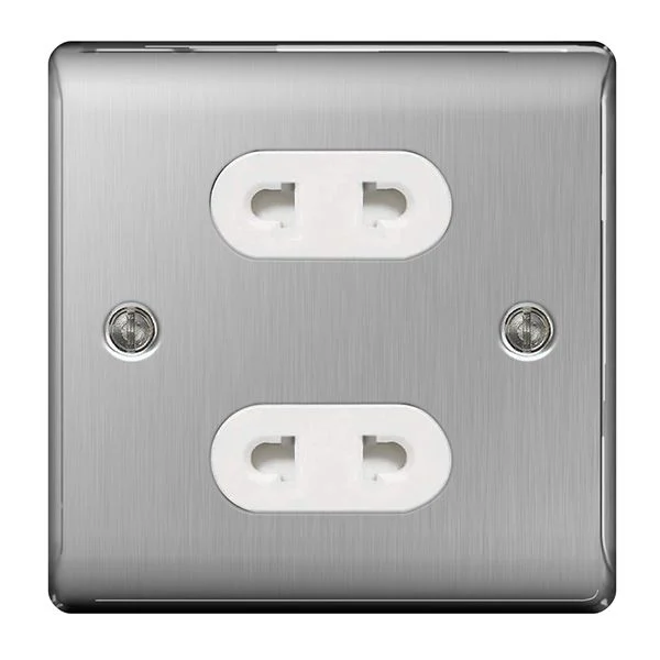 BG Nexus NBS98W Brushed Steel 16A 2 Gang EURO Socket - DISCONTINUED BG Nexus Metal - Brushed Steel BG - Sparks Warehouse