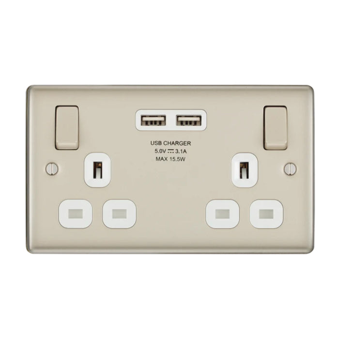 BG Nexus NPR22U3W Metal Pearl Nickel Double Plug Socket Switched 2 Gang White 2 x USB - DISCONTINUED BG Nexus Metal - Pearl Nickel BG - Sparks Warehouse