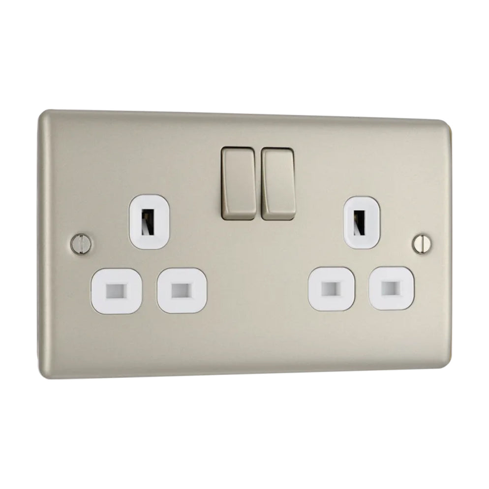 BG Nexus NPR22W Metal Pearl Nickel Double Plug Socket Switched DISCON