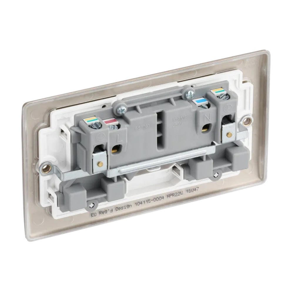 BG Nexus NPR22W Metal Pearl Nickel Double Plug Socket Switched DISCON