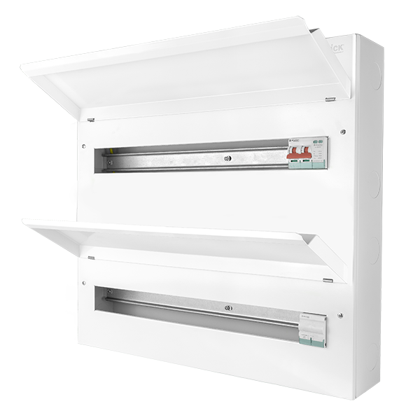 Scolmore CUDEB44MSSPC39 Consumer Unit Mainswitch And Spd 44 Way Dual Row Elucian Metal Consumer Unit With 100a Mains Switch, 100a Connector & 2 Pole Spd (39 Free Ways)