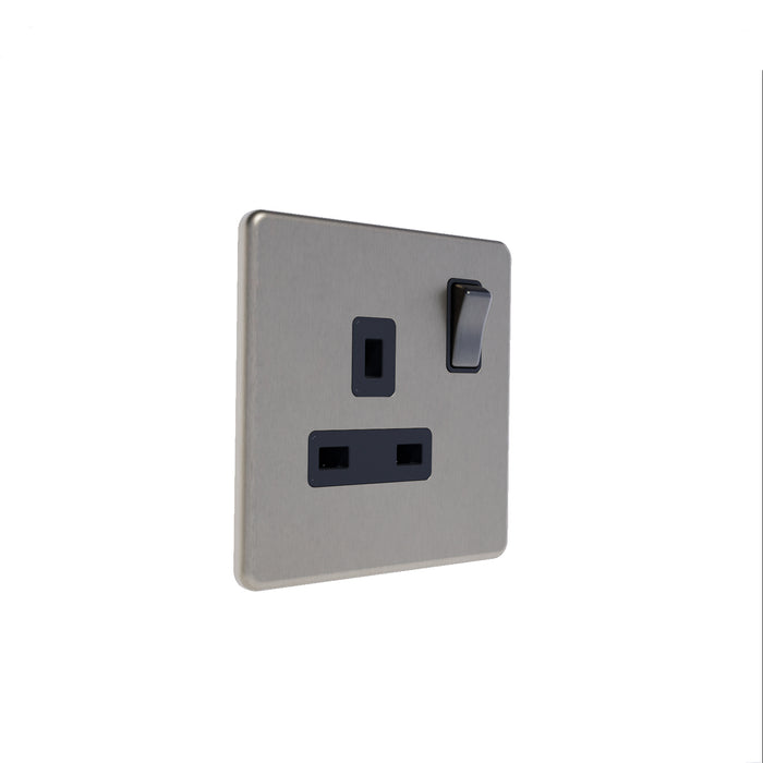 Caradok 13A 1G DP Switched Socket Brushed Chrome - Black Inserts