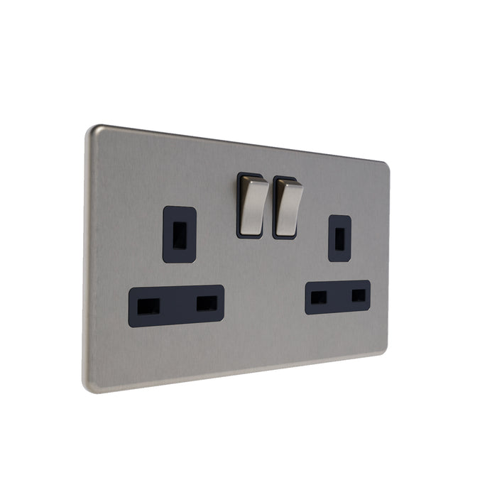 Caradok 13A 2G DP Switched Metal Socket Brushed Chrome - Black Inserts