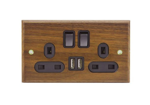 Caradok 2 Gang 2 x USB Walnut Wood Plug Socket Caradok - Sparks Warehouse