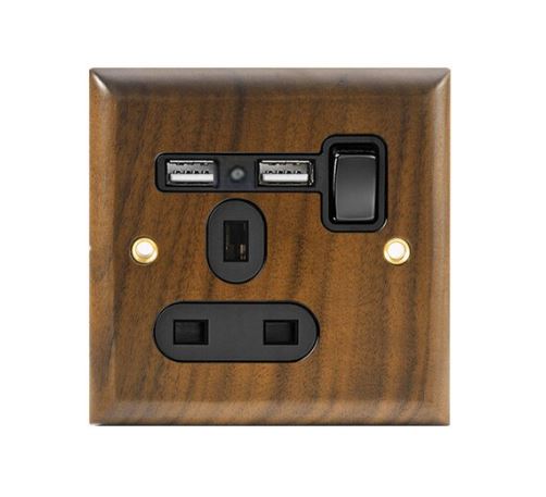 Caradok 1 Gang 2 x USB Walnut Wood Single Plug Socket Caradok - Sparks Warehouse