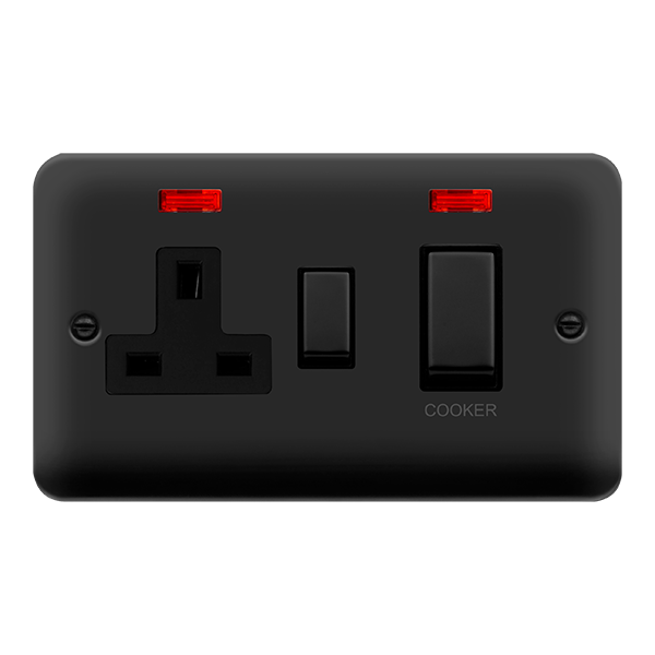 Scolmore DPMB505BK Click Deco Plus Matt Black 45A Ingot 2 Gang DP Switch With Socket + Neons - Black