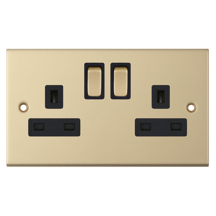 Selectric DSL822 5M Satin Brass 2 Gang 13A DP Switched Socket with Black Insert
