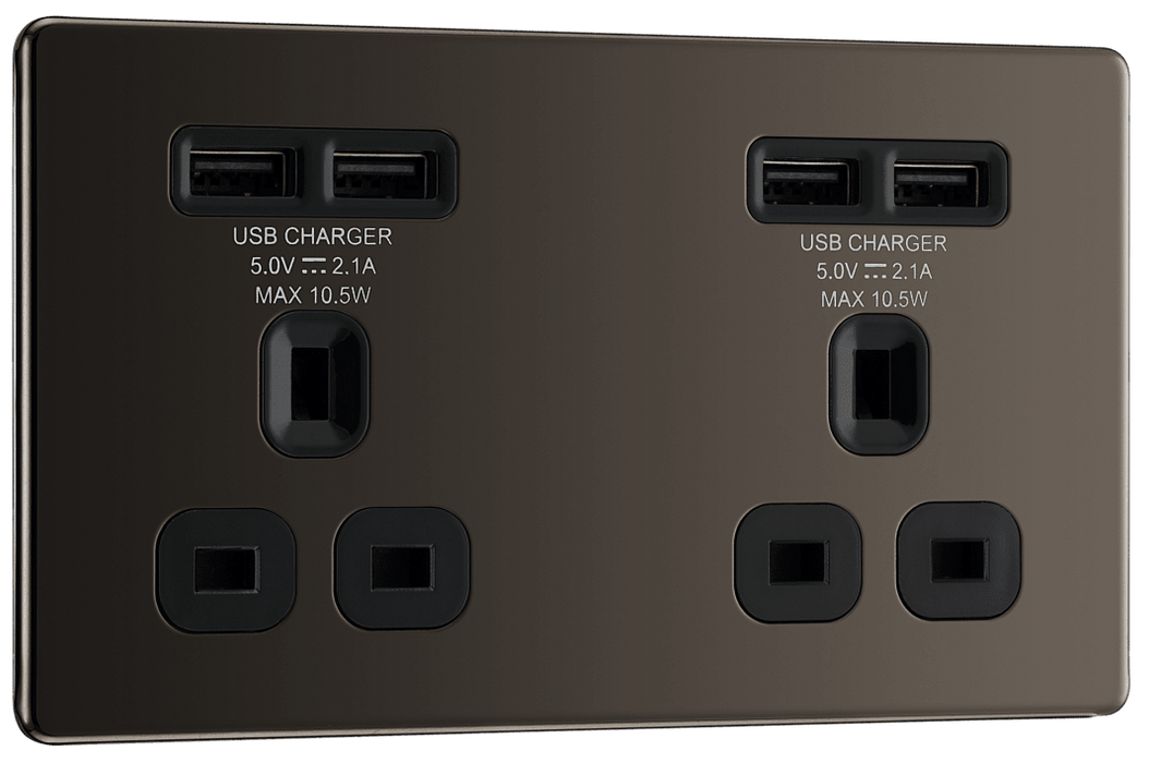 BG Nexus FBN24U44B Unswitched Double Socket with 4 USB Ports (2 x 2.1A) BG Nexus Screwless Flat Plate - Black Nickel BG - Sparks Warehouse