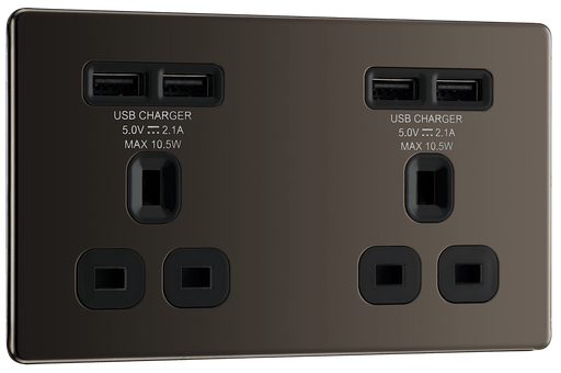 BG Nexus FBN24U44B Unswitched Double Socket with 4 USB Ports (2 x 2.1A) BG Nexus Screwless Flat Plate - Black Nickel BG - Sparks Warehouse