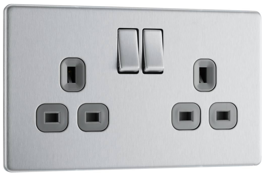 BG FBS22G Screwless Flat Plate Brushed Steel 2G DP Switched Socket - Grey Insert