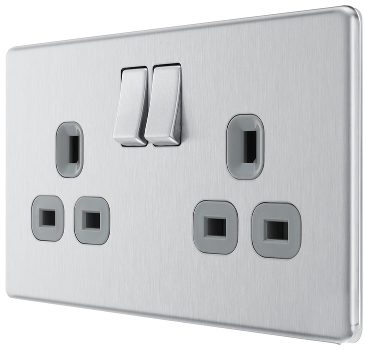 BG FBS22G Screwless Flat Plate Brushed Steel 2G DP Switched Socket - Grey Insert