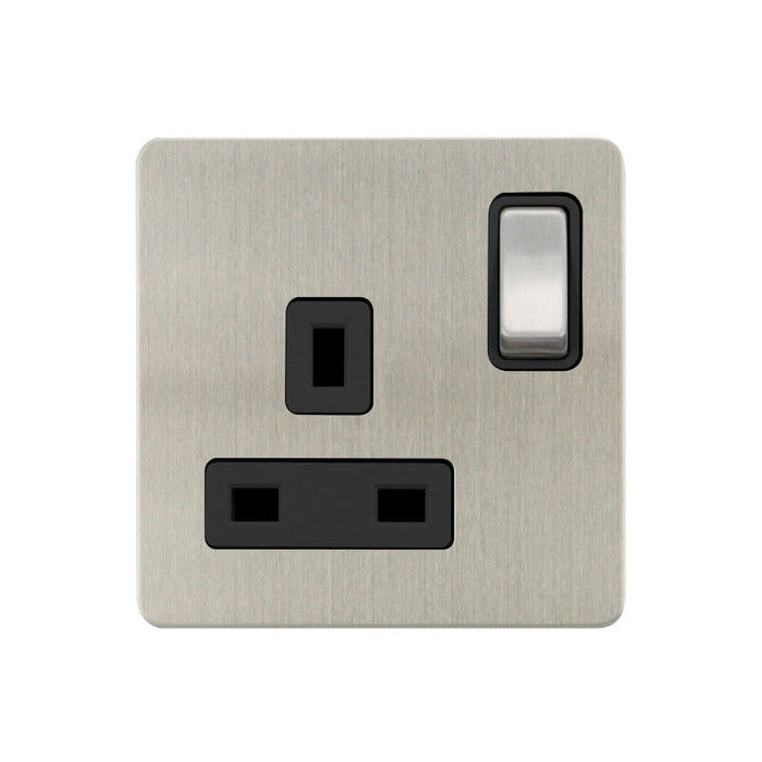 Caradok - The Ultra Flat - Brushed Chrome - FN035DME - 1G 13A DP Switched Socket Brushed Chrome, Black Insert