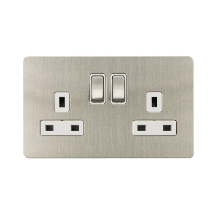 Caradok - The Ultra Flat - Screwless 13a 2G DP Switched Socket Metal Brushed Chrome With White Inserts