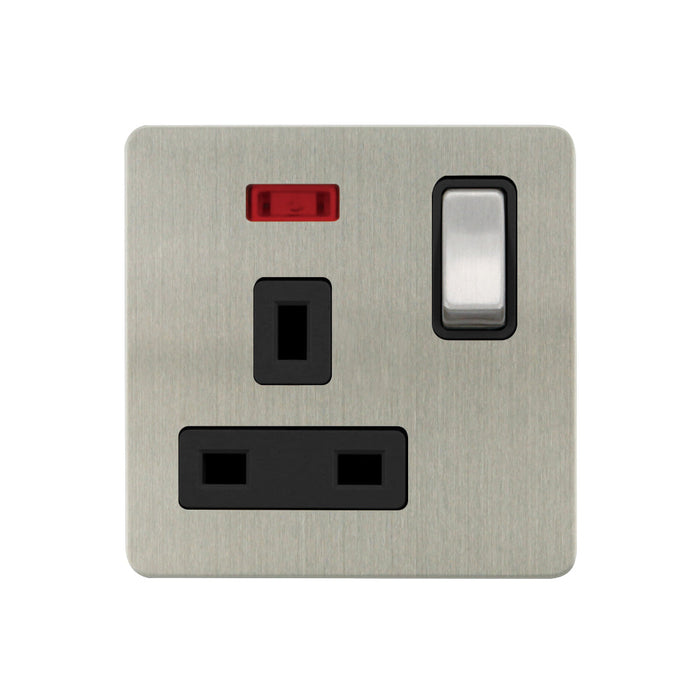 Caradok - The Ultra Flat - Polished Chrome - FN039DME - 1G 13A DP Switched Socket c/w Neon Brushed Chrome, Black Insert