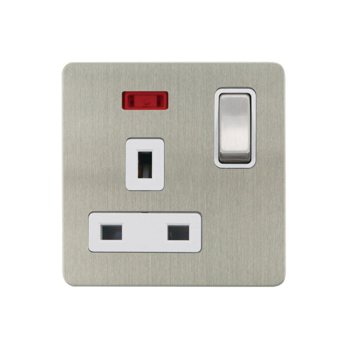 Caradok - The Ultra Flat - Brushed Chrome - FN039DMF - 1G 13A DP Sw Socket c/w Neon Brushed Chrome, White Insert