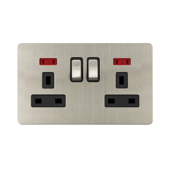 Caradok - The Ultra Flat - Brushed Chrome - FN040DME - 2G 13A DP Switched Socket c/w Neon Brushed Chrome, Black Insert