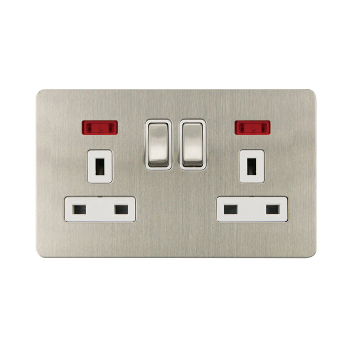 Caradok - The Ultra Flat - Brushed Chrome - FN040DMF - 2G 13A DP Sw Socket c/w Neon Brushed Chrome, White Insert