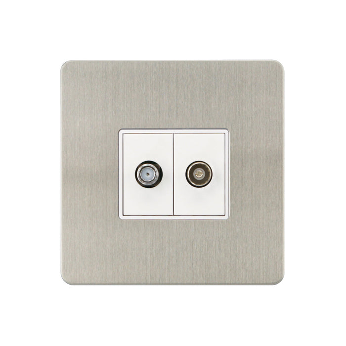 Caradok - The Ultra Flat - Brushed Chrome - FN170DMF - Satellite Socket + Coaxial Socket Brushed Chrome, White Insert