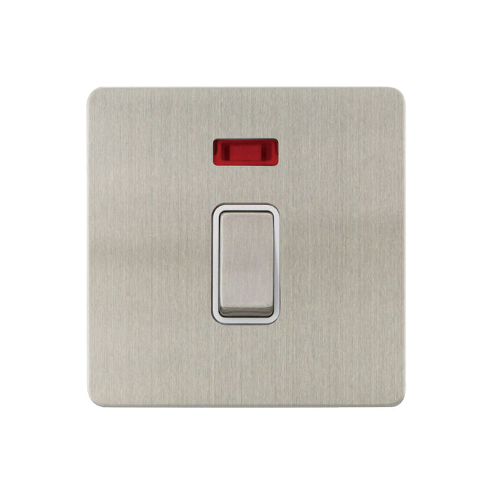 Caradok - The Ultra Flat - Brushed Chrome - FN201DMF - 20A DP Switch c/w Neon Brushed Chrome, White Insert