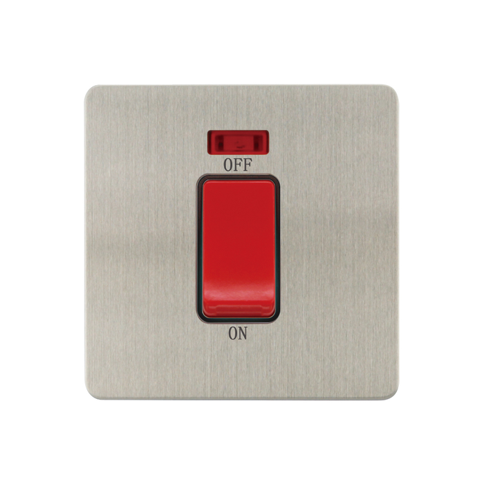 Caradok - The Ultra Flat - Brushed Chrome - FN203DME - 1G 45A DP Switch c/w Neon Brushed Chrome, Black Insert