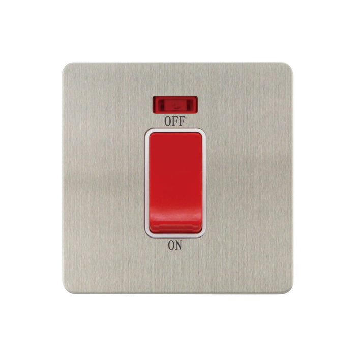 Caradok - The Ultra Flat - Brushed Chrome - FN203DMF - 1G 45A DP Switch c/w Neon Brushed Chrome, White Insert