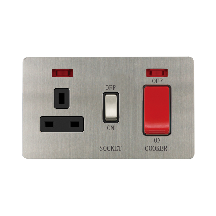 Caradok - The Ultra Flat - Brushed Chrome - FN207DME - 45A Cooker Control Unit c/w Neon Brushed Chrome, Black Insert