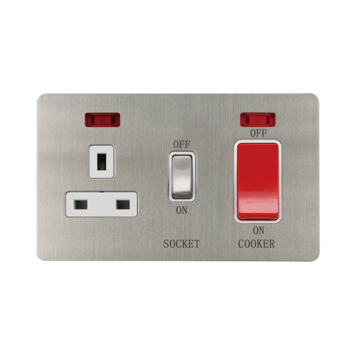 Caradok - The Ultra Flat - Brushed Chrome - FN207DMF - 45A Cooker Control Unit c/w Neon Brushed Chrome, White Insert