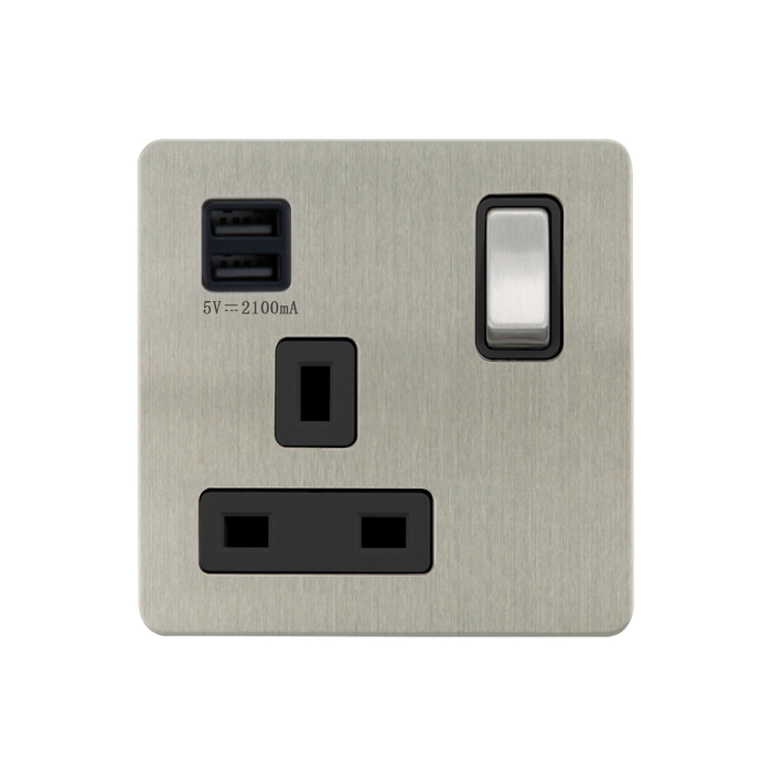 Caradok - The Ultra Flat - Brushed Chrome - FN265DME - 1G 13A SP Switched Socket + 2 USB Outlets, 2.1A Total Output BC/BK