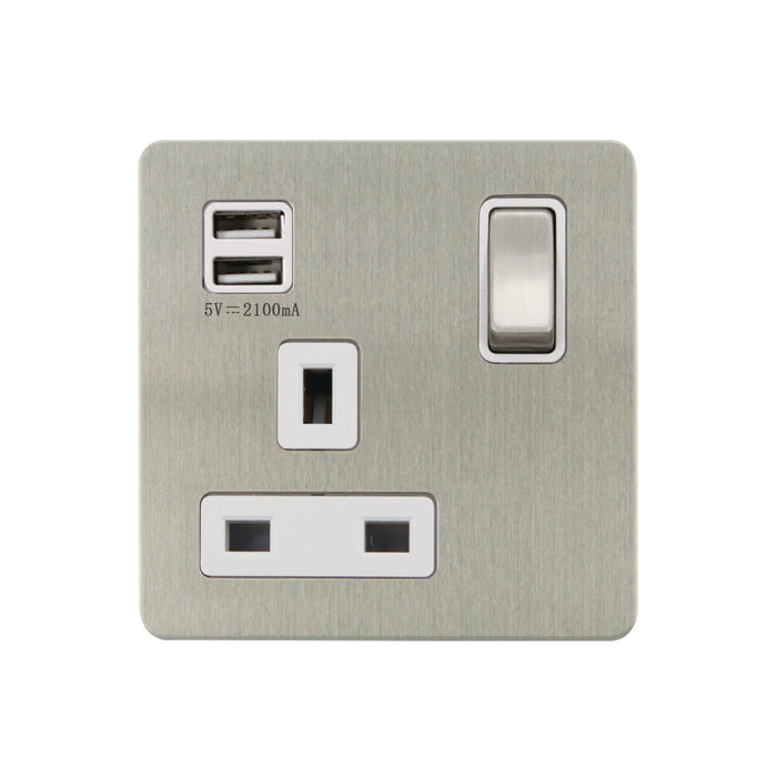 Caradok - The Ultra Flat - Brushed Chrome - FN265DMF - 1G 13A SP Sw Socket + 2 USB Outlets, 2.1A Total Output BC/WH
